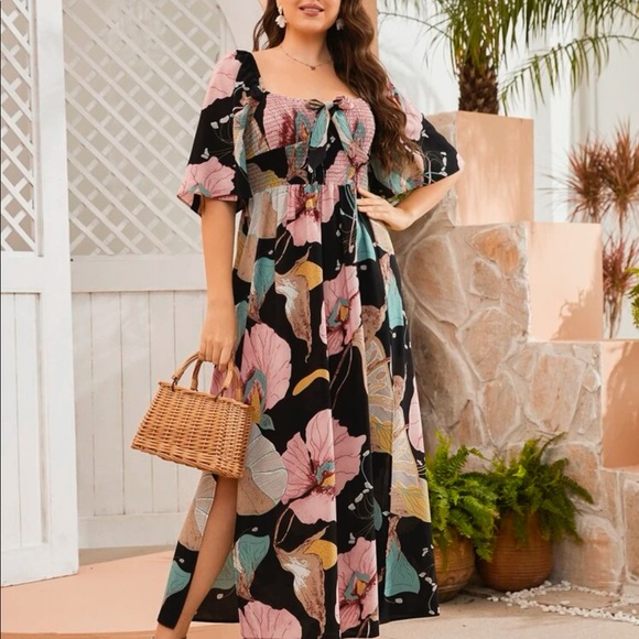 Boho plus size floral tropical print off shoulder maxi dress - Picture 6 of 6